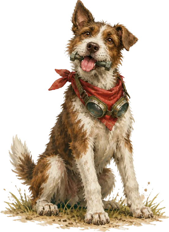 Sprocket, anjing berbulu kasar coklat putih dengan bandana merah dan kacamata tanker kecil