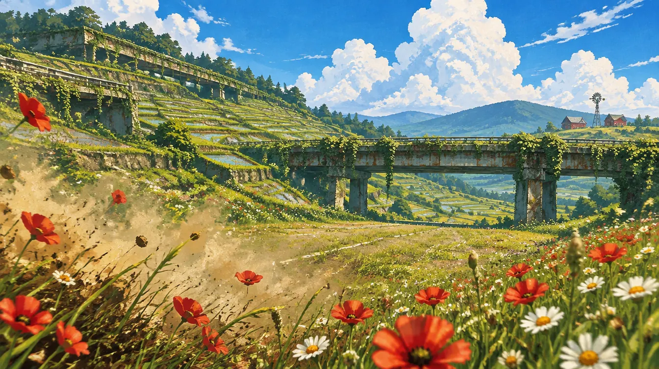 Lukisan box art: padang poppy dan aster di depan sawah terasering yang dulu jalan tol, jembatan layang berlumut di kejauhan